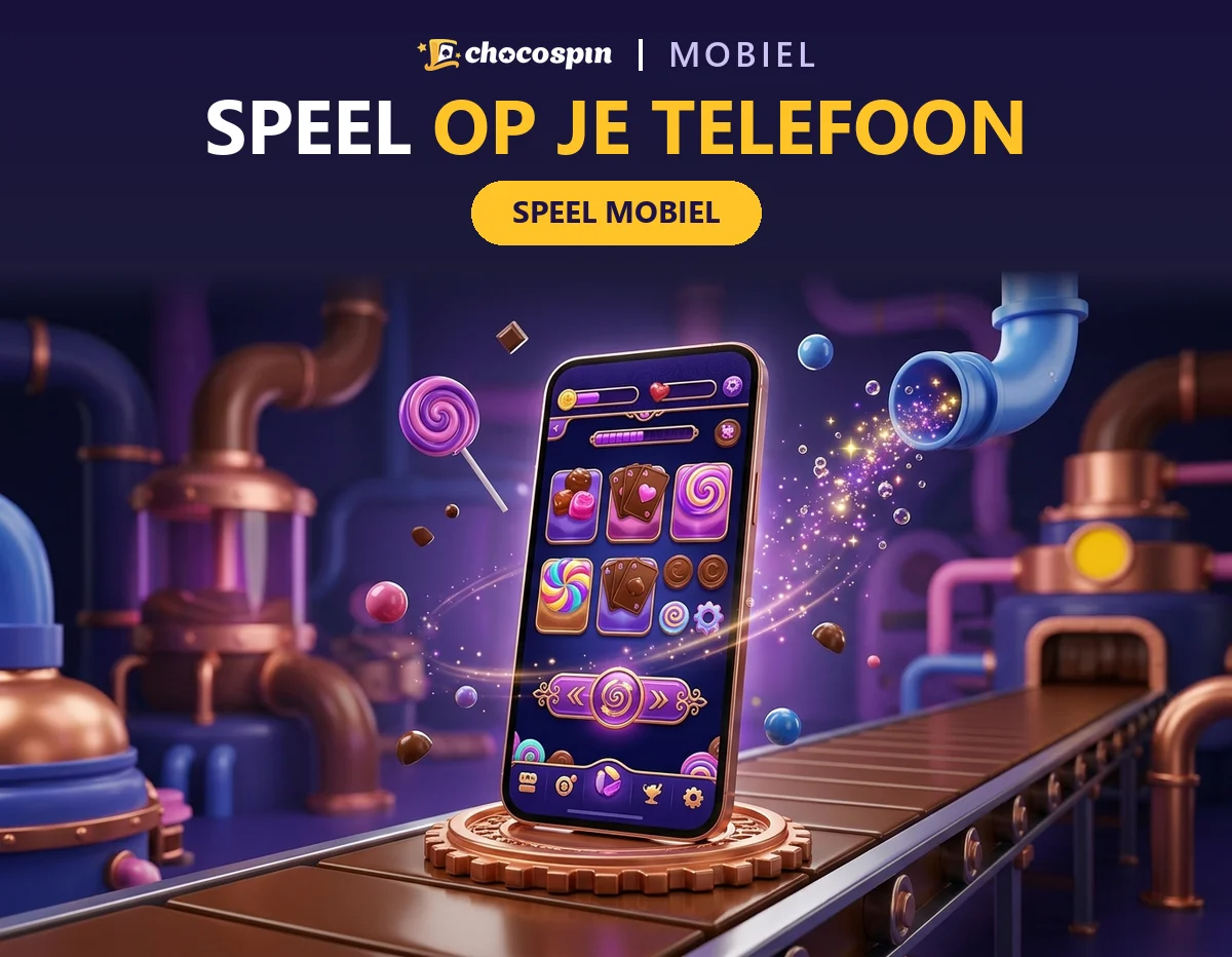 Smartphone op een lopende band in een chocoladefabriek met paarse gloed voor mobiel spelen