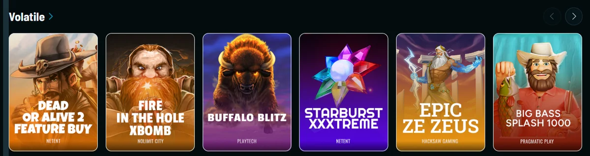 Volatiele gokkasten Fire in the Hole xBomb, Buffalo Blitz en Starburst XXXtreme in een lobbyrij
