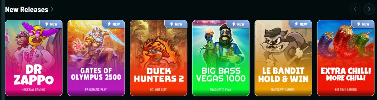 Nieuwe gokkasten Dr Zappo, Gates of Olympus 2500 en Duck Hunters 2 in een lobbyrij